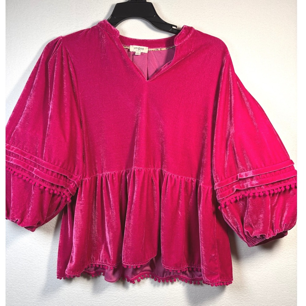 Umgee Velvet Blouse Womens Large Pink BOHO Pom Pom Trim Peplum Top